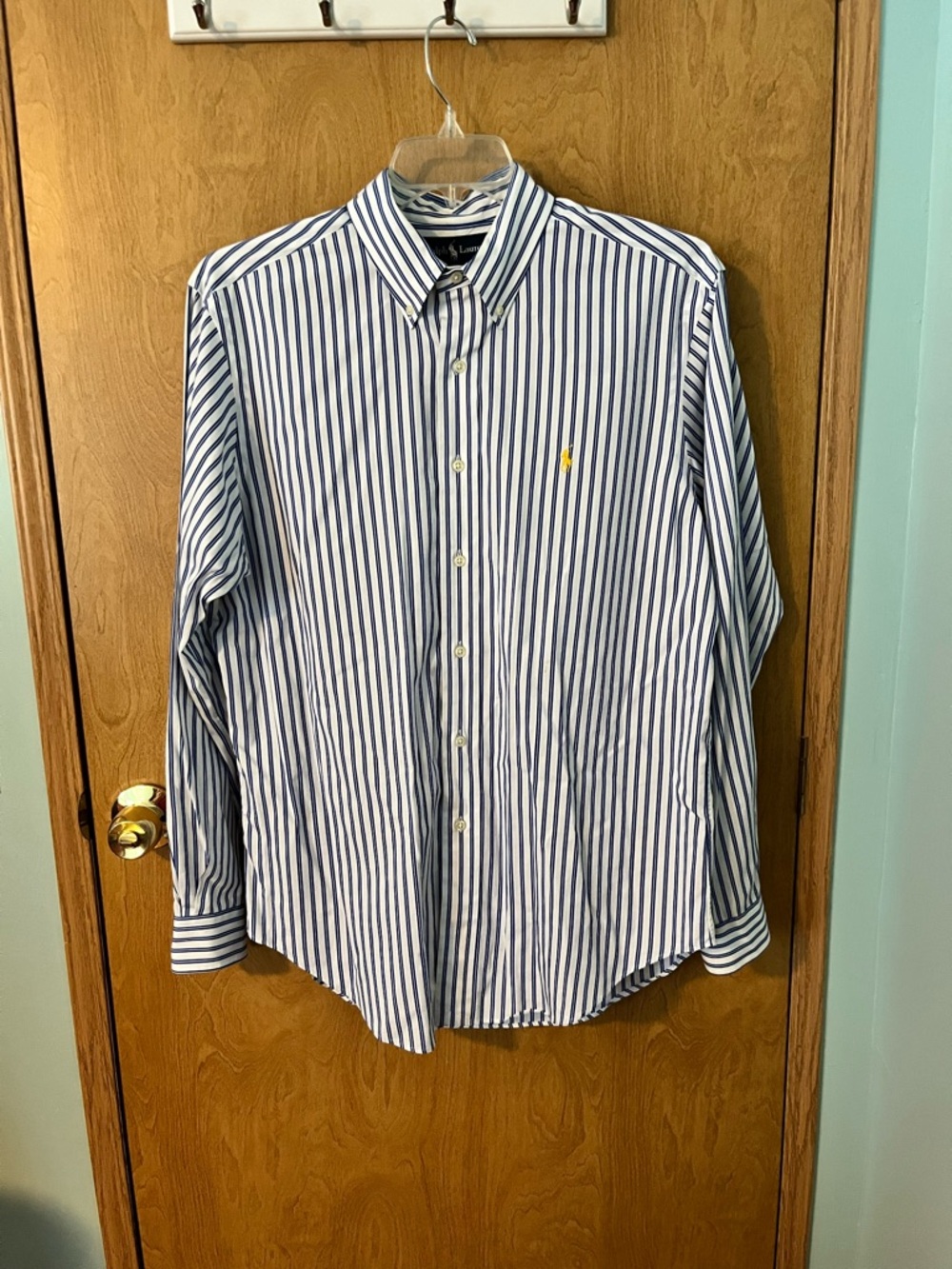 Mens Ralph Lauren Navy White  Stripe Button Down Shirt SZ Large Classic Fit EUC
